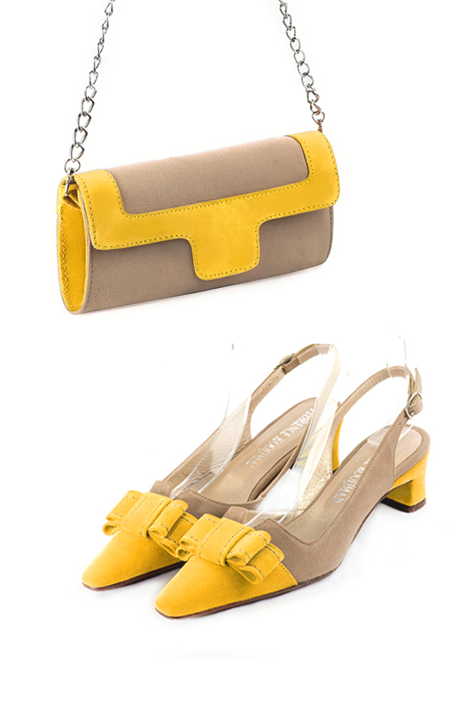 Women's tan beige and yellow luxurious elegant clutch for ceremonies, weddings and evenings out. - Worn view